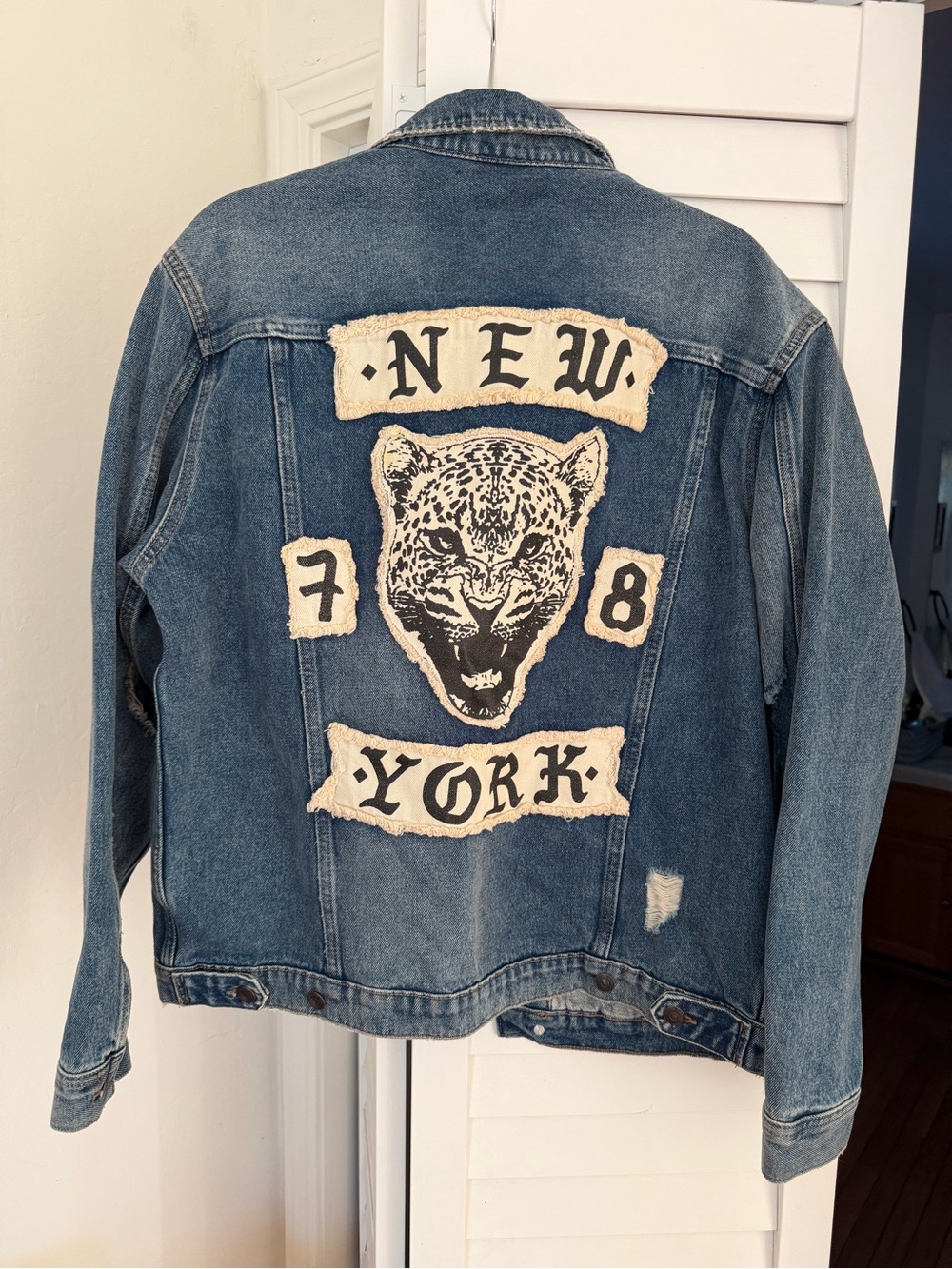 Divided Blue Denim Jacket with Cream Leopard Patch